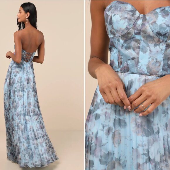 Lulu's Blue Floral Strapless Maxi Dress - Picture 3 of 7
